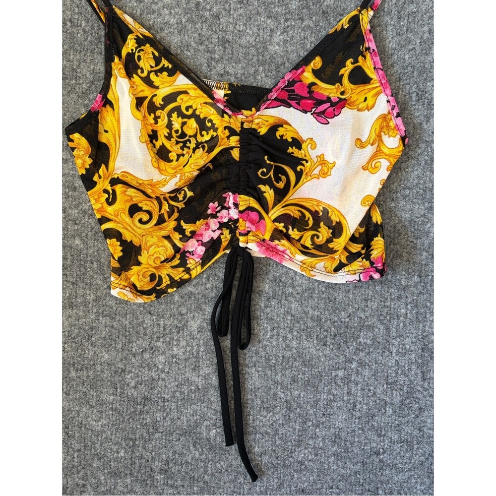 Primi Baroque Scroll Crop Top Womens Medium Black Gold Pink Mesh Cinch Cami